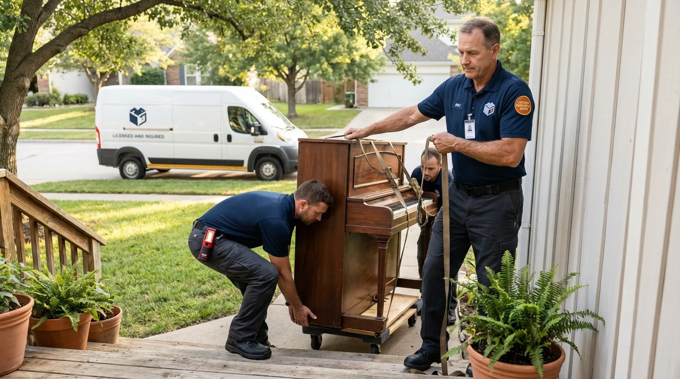 Licensed piano movers securing grand piano in Eudora, KS